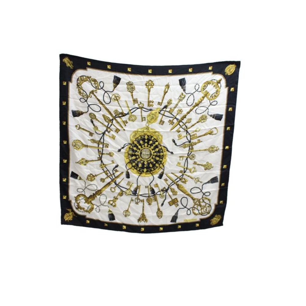 Hermes Womens Les Cles Carre Caty Latham 90cm Silk Scarf White Black 34"x34"